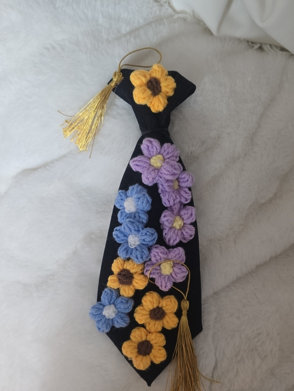 Handmade Black Tie with Yellow, Blue & Purple Crochet Flowers